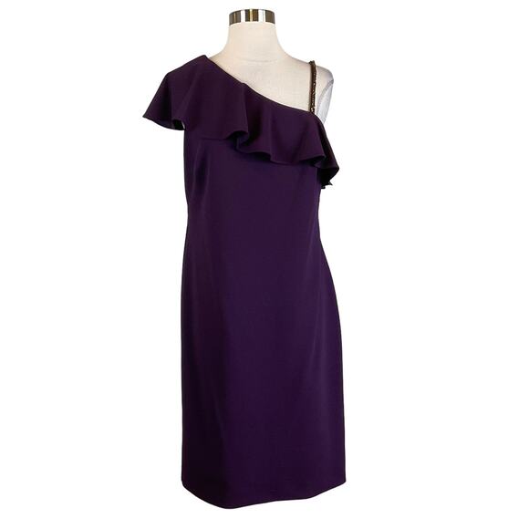 Ralph Lauren Women's Cocktail Dress Size 14 Purple Beaded One Shoulder Sheath - Picture 1 of 14